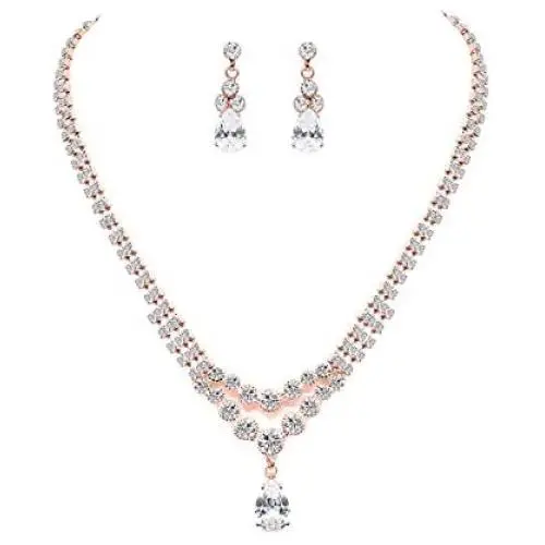 UDORA Crystal Teardrop Necklace Earrings Jewelry Set with Bracelet Party Prom Wedding