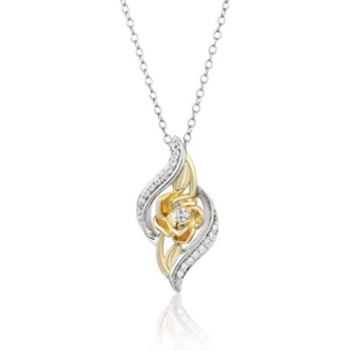 Jewelili Enchanted Disney Fine Jewelry 14K Yellow Gold over Sterling Silver 1/10Cttw Belle Rose Pendant Necklace