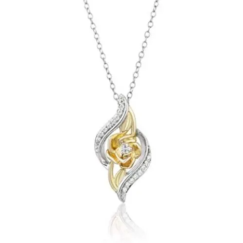 Jewelili Enchanted Disney Fine Jewelry 14K Yellow Gold over Sterling Silver 1/10Cttw Belle Rose Pendant Necklace