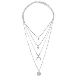 Layered Moon Metal Crescent Necklace, Necklace Layered Circle & Moon Necklace Bar Pendant Necklace Alloy Initial Necklace Gifts for Women Girl (Silver)