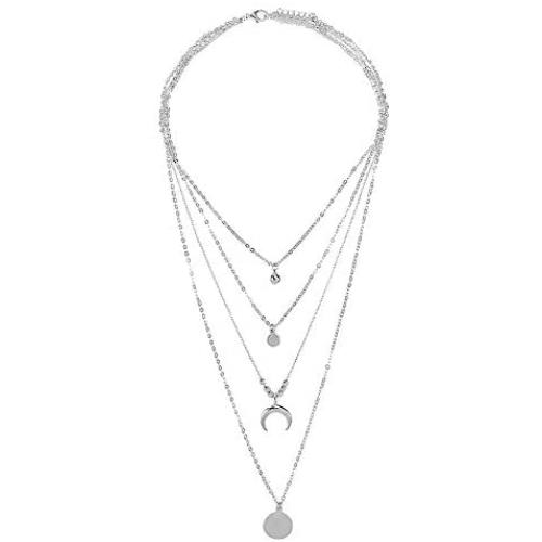 Layered Moon Metal Crescent Necklace, Necklace Layered Circle & Moon Necklace Bar Pendant Necklace Alloy Initial Necklace Gifts for Women Girl (Silver)