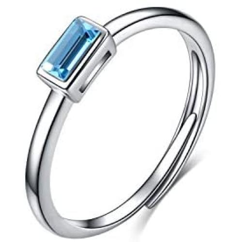 AOBOCO March Birthstone Ring Jewelry for Women Sterling Silver Mini Ring with Aquamarine Blue Crystal
