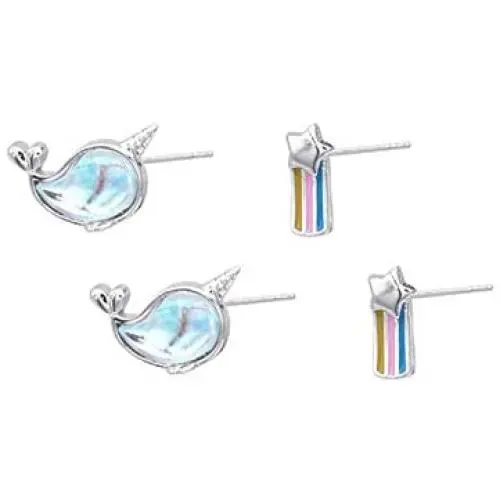 2Pairs Lovely Narwhal Rainbow Star Opal Rhinestone Asymmetrical Shape Stud Earrings Whales Studs Earring Narwhals Jewelry Gift Cute Animal Jewelries for Women Girls