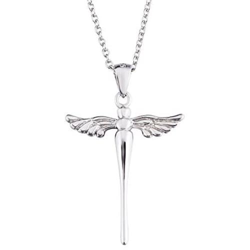 925 Sterling Silver Cross with Angel Wing Charm Pendant Rolo Chain Necklace, 18''
