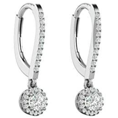 1/2 to 3/4 Carat Diamond Round Halo Dangle Earrings for Women in 14k White Gold (H-I, SI2-I1, cttw) Leverback by Privosa Fine Jewelry