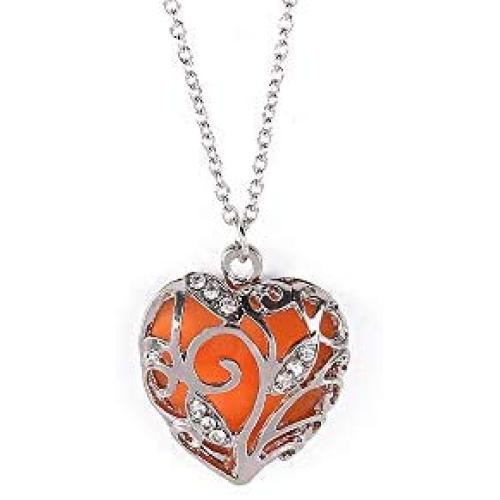SPHTOEO Glow in Dark Women Necklace Hollow Out Heart Crystal Pendant Luminous Necklace (Orange)