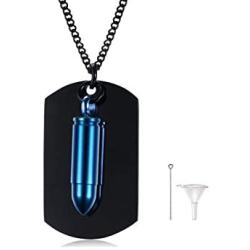 MPRAINBOW Personalized Stainless Steel Military Army Dog Tag ID Necklace,Mens Urn Bullet Necklace for Ashes,2 in 1 Bullet & Dog Tag Double Pendant Ashes Keepsake Memorial Cremation Jewelry,24'' Chain