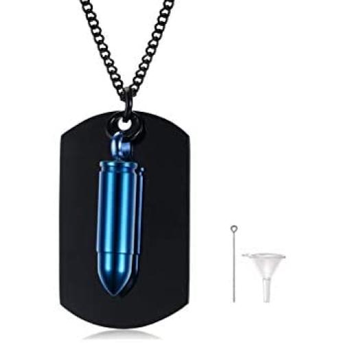 MPRAINBOW Personalized Stainless Steel Military Army Dog Tag ID Necklace,Mens Urn Bullet Necklace for Ashes,2 in 1 Bullet & Dog Tag Double Pendant Ashes Keepsake Memorial Cremation Jewelry,24'' Chain