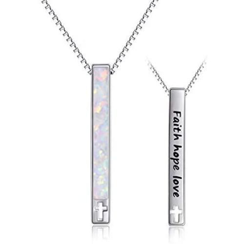 WINNICACA Heartbeat Faith Hope Love Sterling Silver Created Opal Vertical Bar Necklaces October Birthstones Jewelry Birthday Mothers Day Gifts for Her Women Teen Nurse Birthday