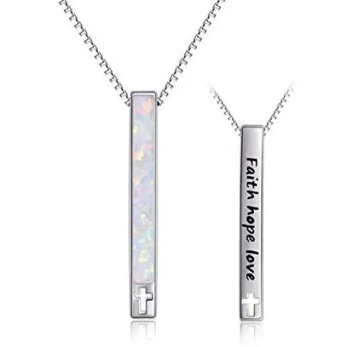WINNICACA Heartbeat Faith Hope Love Sterling Silver Created Opal Vertical Bar Necklaces October Birthstones Jewelry Birthday Mothers Day Gifts for Her Women Teen Nurse Birthday