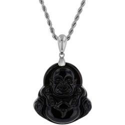 Laughing Buddha Black Jade Pendant Necklace Rope Chain Genuine Certified Grade A Jadeite Jade Hand Crafted, Jade Necklace, 14k White Gold Finish Silver Laughing Jade Buddha Necklace