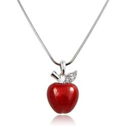 Twilight, Snow White Inspired 3D Juicy Red Apple Crystal Accented Leaf Pendant Necklace Halloween, Teacher Jewelry Gifts