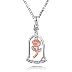 Rose Flower Pendant Necklace Sterling Silver Romantic Beauty&Beast Princess Mothers Day Valentine Christmas Birthday Gift Jewelry for Women Girls