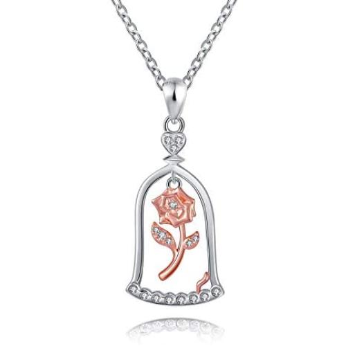 Rose Flower Pendant Necklace Sterling Silver Romantic Beauty&Beast Princess Mothers Day Valentine Christmas Birthday Gift Jewelry for Women Girls