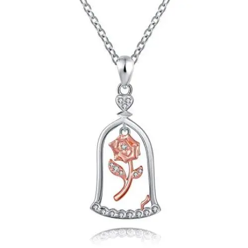 Rose Flower Pendant Necklace Sterling Silver Romantic Beauty&Beast Princess Mothers Day Valentine Christmas Birthday Gift Jewelry for Women Girls Rose Flower Pendant Necklace Sterling Silver Romantic Beauty&Beast Princess Mothers Day Valentine Christmas Birthday Gift Jewelry for Women Girls