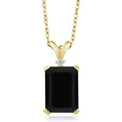 Gem Stone King 18K Yellow Gold Plated Silver Black Onyx and Diamond Womena Jewelry Pendant Necklace, 14X10MM Emerald Cut, 5.02 Cttw with 18 Inch Chain