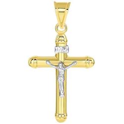 14k Two Tone Gold Rounded Christian INRI Crucifix Tube Cross Pendant