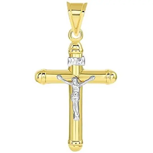 14k Two Tone Gold Rounded Christian INRI Crucifix Tube Cross Pendant 14k Two Tone Gold Rounded Christian INRI Crucifix Tube Cross Pendant