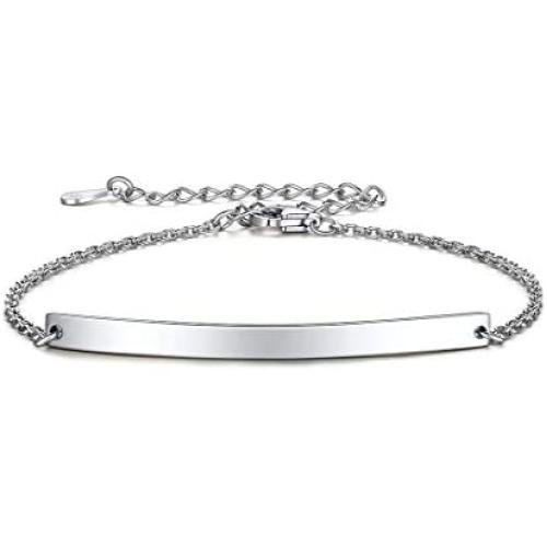 ChicSilver Customized Bar Bracelet 925 Sterling Silver Personalized Engraved Initial Name Link Bracelet Delicate Friendship Bracelet Minimalist Jewelry Birthday Gift