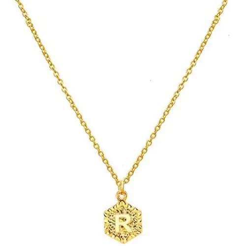 Gold Hexagon Initial Necklace for Teen Girl,Letter A-Z Personlized Name Jewelry Engraved Alphabet Necklace for Women R