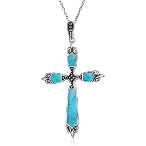 Spiritual Religious Pink Rhodochrosite Turquoise Gemstone Fleur De Lis Cross Pendant Necklace For Women Teen 925 Sterling Silver