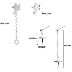 2 Pcs Asymmetric Cross & Star Drop Earring for Women Men White Gold Plated Chain Long Earring Geometry Punk Silver Cross Chain Dropping Earrings Jewelry Set