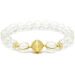Rose&Poem Faceted Clear Quartz Crystal Bracelet, 14K Gold Plated Hollow Filigree Round Ball Charm Beaded Stretch Bracelet, Handmade 8mm Healing Crystal Gemstone Beads, Dainty Jewelry Gift