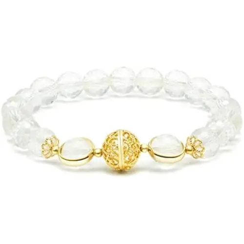 Rose&Poem Faceted Clear Quartz Crystal Bracelet, 14K Gold Plated Hollow Filigree Round Ball Charm Beaded Stretch Bracelet, Handmade 8mm Healing Crystal Gemstone Beads, Dainty Jewelry Gift Rose&Poem Faceted Clear Quartz Crystal Bracelet, 14K Gold Plated Hollow Filigree Round Ball Charm Beaded Stretch Bracelet, Handmade 8mm Healing Crystal Gemstone Beads, Dainty Jewelry Gift