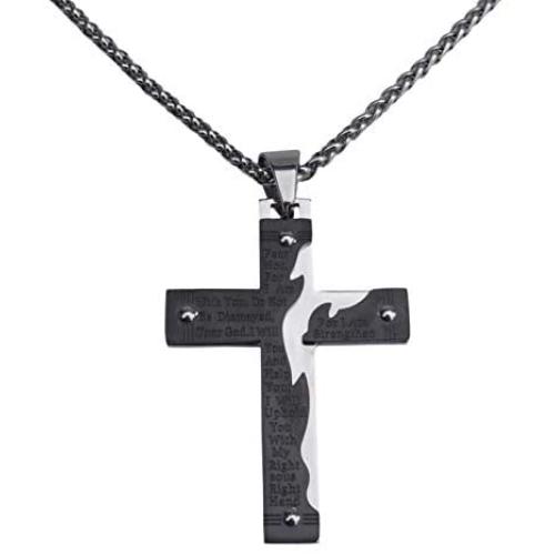 epiphaneia Mens Fear Not Isaiah 41v10 Stainless Steel Cross Necklace Black & Silver - Mens Jewelry Cross Necklaces Christian Religious Gifts Christians Gift for Men - Birthday for Dad, Fathers Day