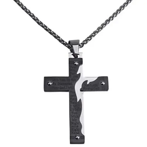 epiphaneia Mens Fear Not Isaiah 41v10 Stainless Steel Cross Necklace Black & Silver - Mens Jewelry Cross Necklaces Christian Religious Gifts Christians Gift for Men - Birthday for Dad, Fathers Day epiphaneia Mens Fear Not Isaiah 41v10 Stainless Steel Cross Necklace Black & Silver - Mens Jewelry Cross Necklaces Christian Religious Gifts Christians Gift for Men - Birthday for Dad, Fathers Day