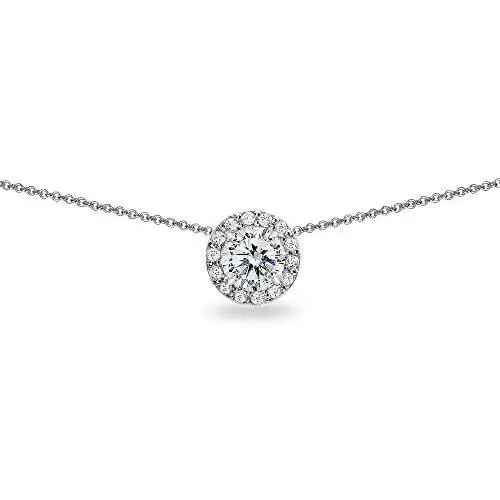 Sterling Silver Round Halo Slide Short Choker Necklace Made w/Swarovski Zirconia for Girls, Teens, Women