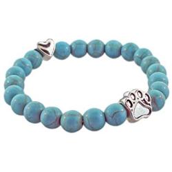 Paw Print Bracelet - Turquoise - Dog Puppy Cat Animal Paw Bracelet - Engraved Heart and Paw Charm - Stretch Bracelet - Jewelry Gift for Women Girls Kids