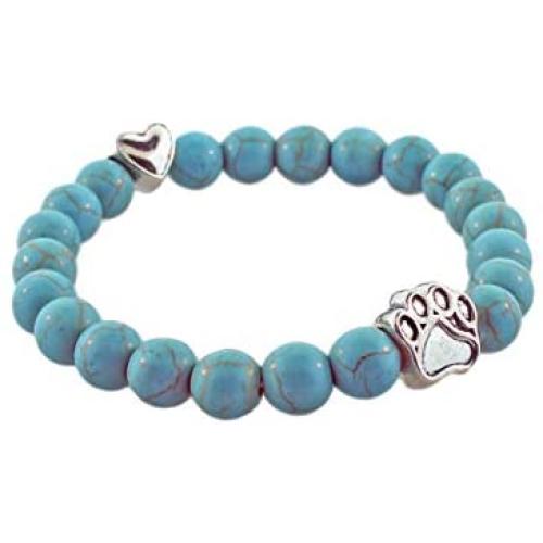 Paw Print Bracelet - Turquoise - Dog Puppy Cat Animal Paw Bracelet - Engraved Heart and Paw Charm - Stretch Bracelet - Jewelry Gift for Women Girls Kids