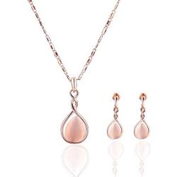 ASHMITA Rose Gold Teardrop Necklace Gemstone Dangle Earrings Wedding Jewelry Set