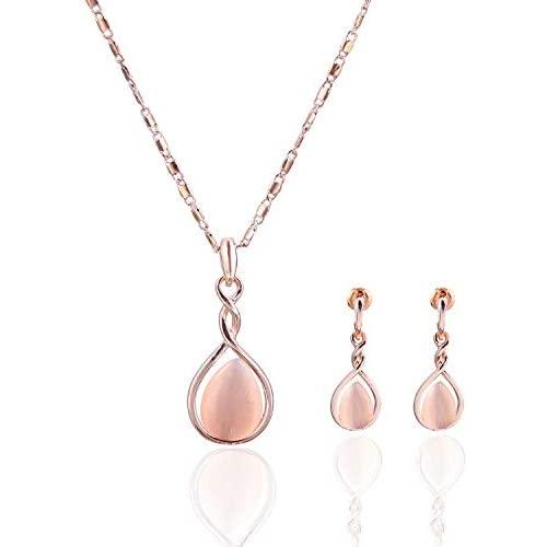 ASHMITA Rose Gold Teardrop Necklace Gemstone Dangle Earrings Wedding Jewelry Set