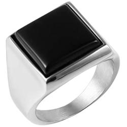 HZMAN Mens Simple Square Black Cubic Zirconia Inlaid Polished Stainless Steel Ring