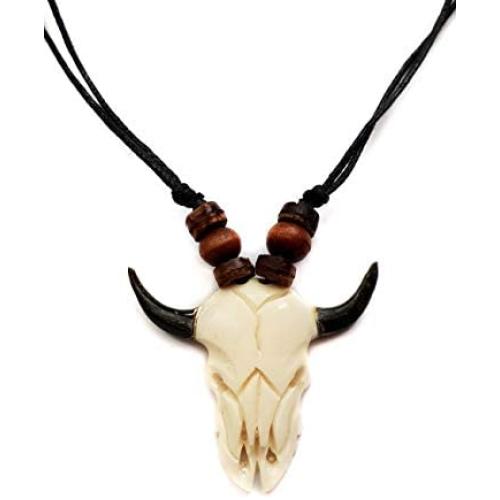 Ox Skull Bone Carving Pendant Surfer Tribal 16 to 32 inch Adjustable Cord Handmade Necklace Jewelry GA002