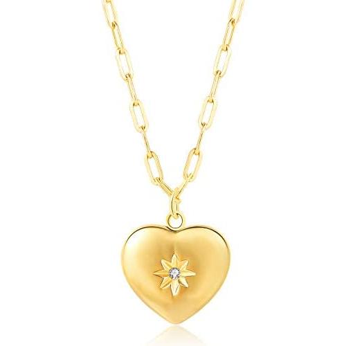 MVCOLEDY Jewelry 18 K Gold Plated Stainless Steel Heart of Gold Necklace, Handmande with North Star Zirconia Necklace Gift for Mom