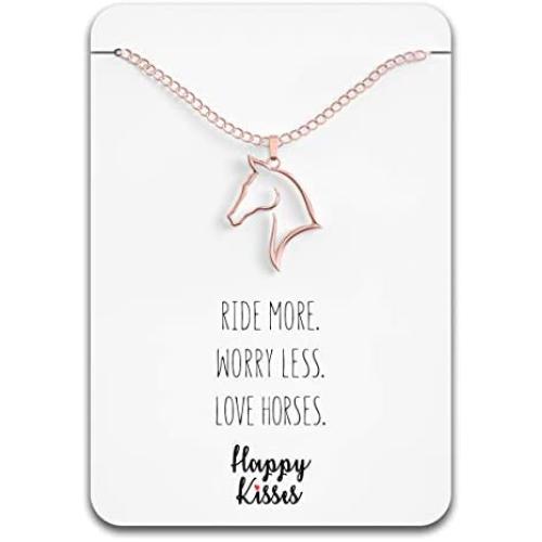 Happy Kisses Horse Necklace – Horse Gift for Horseback Riders – Cute Outline Pendant for Women & Girls - Sweet Message Card