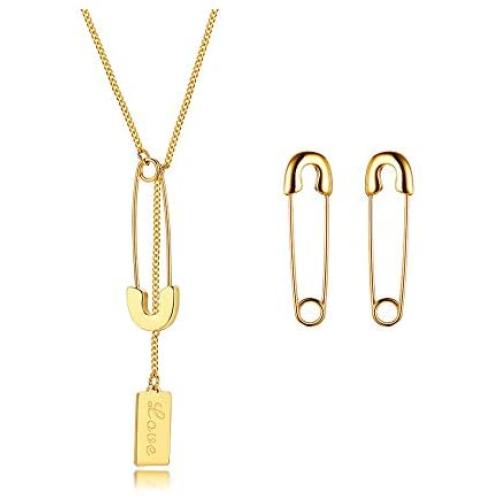 VNOX Jewelry Set Minimalist Punk Safety Pin Pendant Necklace Hoop Earrings Jewelry Gifts for Women Girls