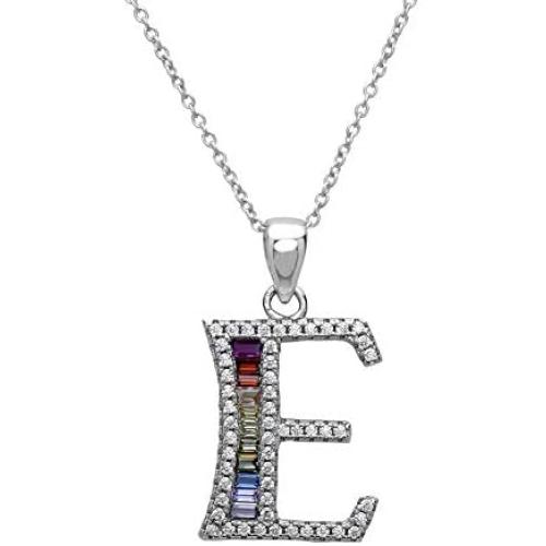 Pori Jewelers Sterling Silver Baguette and Round-Cut Crystal Initial Pendant Necklace