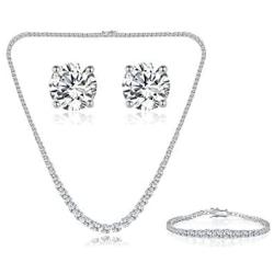 GEMSME 18K White Gold Plated Graduated Round Cubic Zirconia Tennis Necklace/Bracelet/Earrings Sets Pack of 3