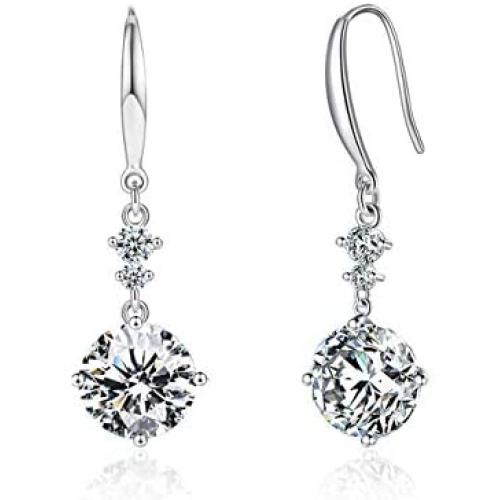 Drop Dangle Earrings 925 Sterling Silver Hook with 9MM 2.75ct CZ and 2pcs Small Cubic Zirconia Design 14K White Gold Plated Hypoallergenic Gorgeous Gift for Women and Girls
