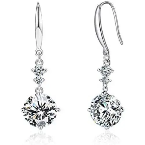 Drop Dangle Earrings 925 Sterling Silver Hook with 9MM 2.75ct CZ and 2pcs Small Cubic Zirconia Design 14K White Gold Plated Hypoallergenic Gorgeous Gift for Women and Girls