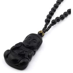 Gungneer Buddha Obsidian Necklace Pendant Adjustable Cotton Chain Fengshui Talisman Religious Jewelry for Men Women