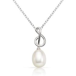 SolidSilver - Sterling Silver Musical Note Treble Clef Simulated Fresh Water Pearl Stud Earrings and Pendent Necklace.