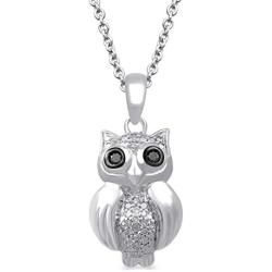 Jewelili Sterling Silver 1/20 Cttw Treated Black and Natural White Round Diamond Owl Pendant Necklace, 18'' Rolo Chain