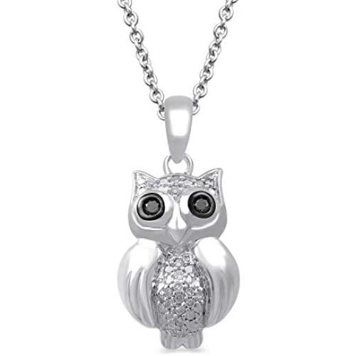 Jewelili Sterling Silver 1/20 Cttw Treated Black and Natural White Round Diamond Owl Pendant Necklace, 18'' Rolo Chain