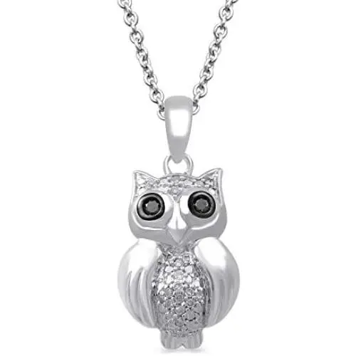 Jewelili Sterling Silver 1/20 Cttw Treated Black and Natural White Round Diamond Owl Pendant Necklace, 18'' Rolo Chain Jewelili Sterling Silver 1/20 Cttw Treated Black and Natural White Round Diamond Owl Pendant Necklace, 18'' Rolo Chain