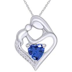 Jewel Zone US Simulated Birthstone & White Natural Diamond Accent Mother & Child Heart Pendant Necklace in 14k White Gold Over Sterling Silver (1 1/10 Cttw)